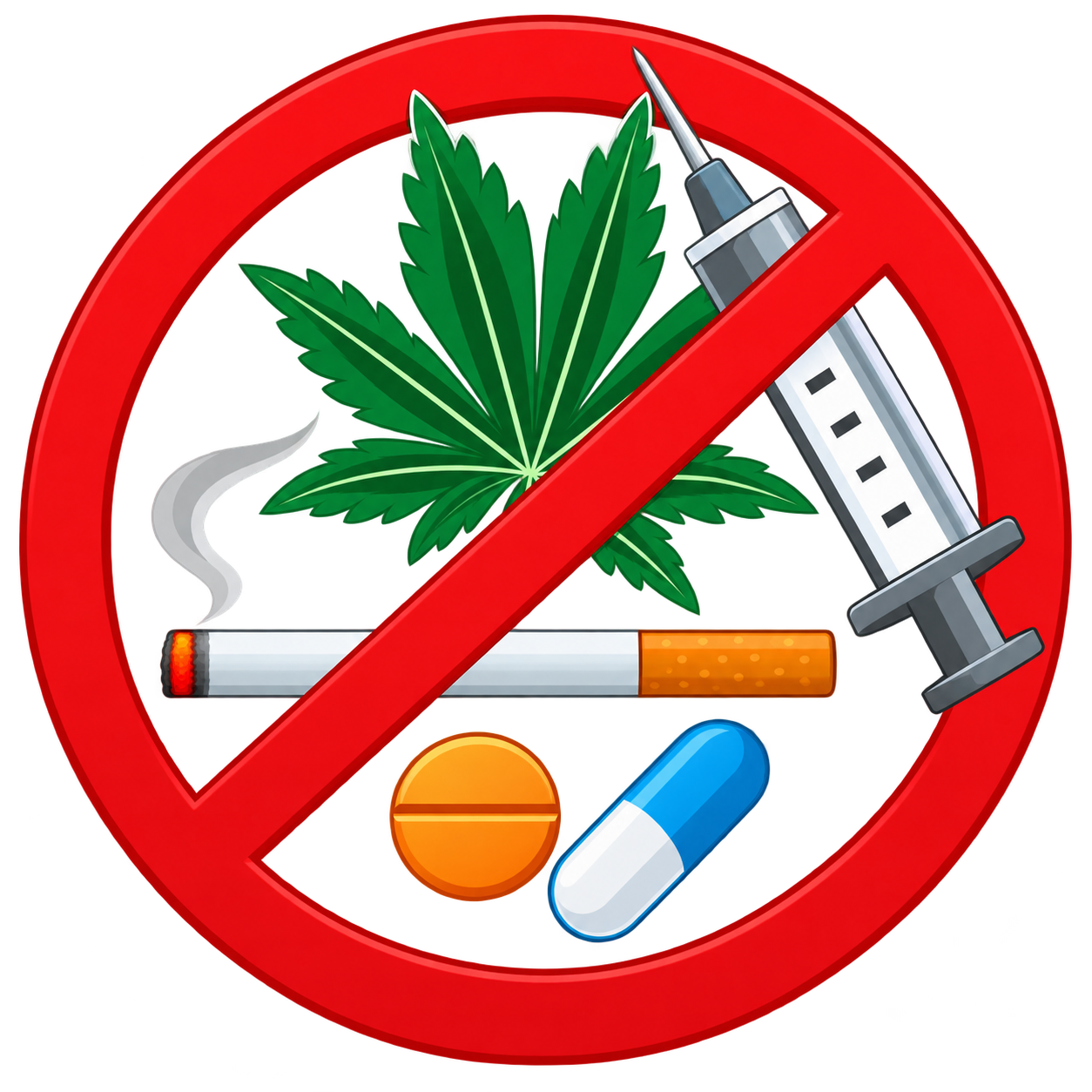 Anti-Drug Prohibition Symbol with Cannabis, Cigarette and Pills