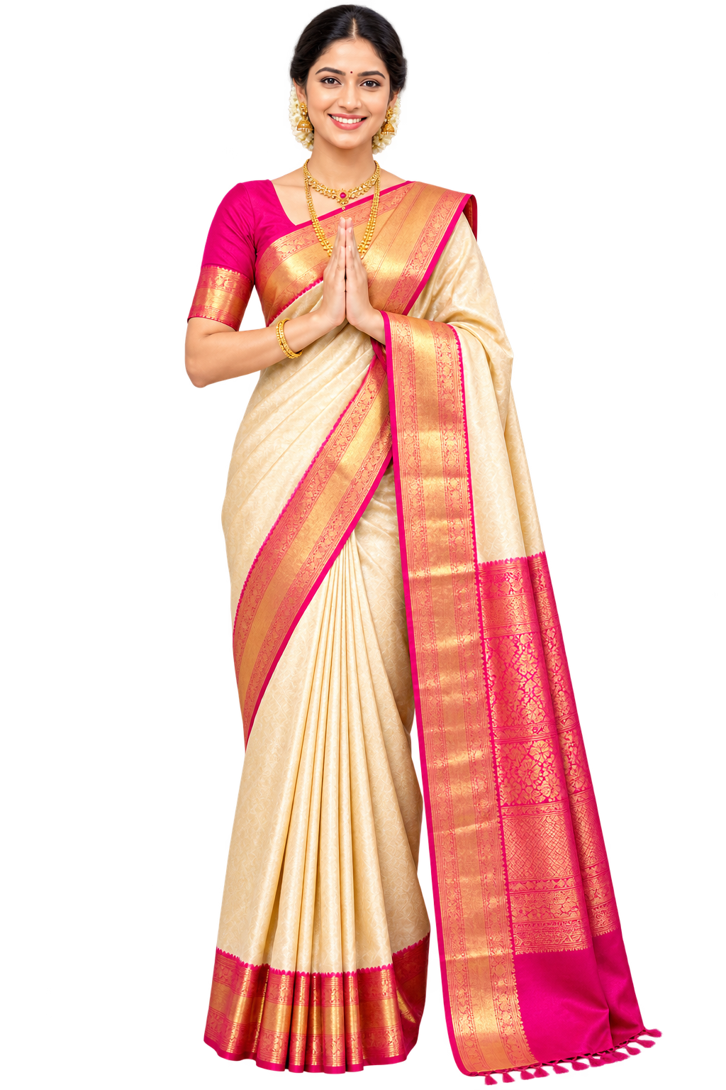 Gorgeous South Indian Bridal Silk Saree with Rich Gold Zari Border