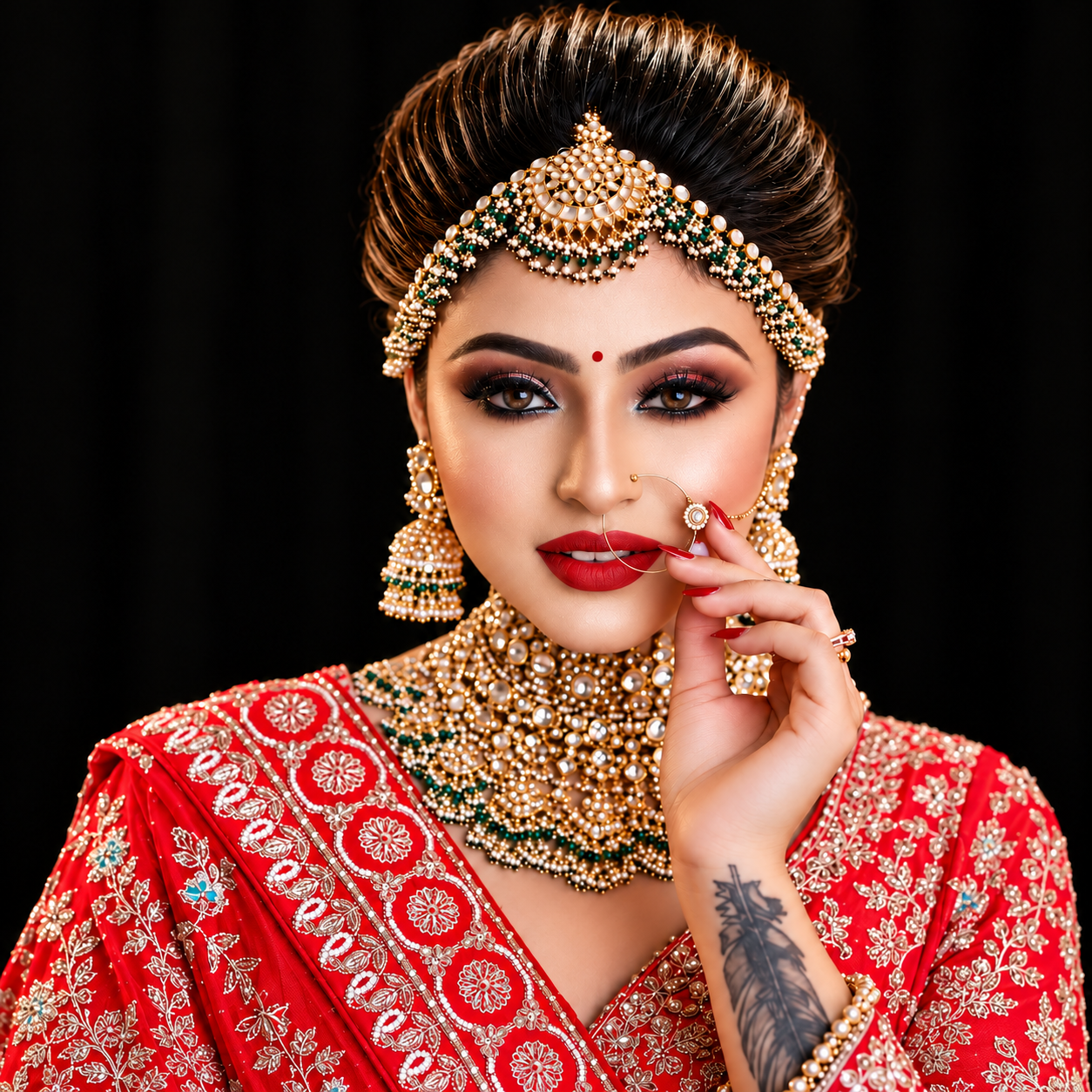 Regal Red and Gold Bridal Portrait